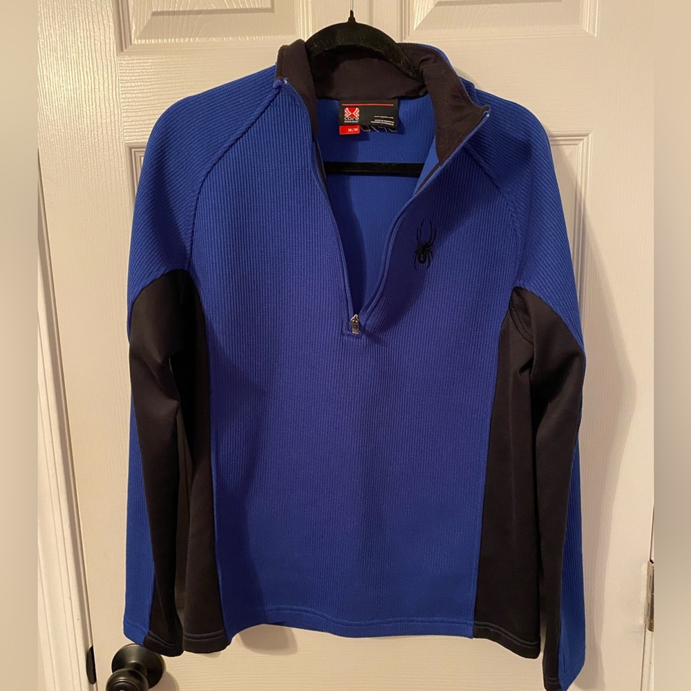 Spyder, men’s M, fits women’s L, cobalt blue and black, zip warmer weight